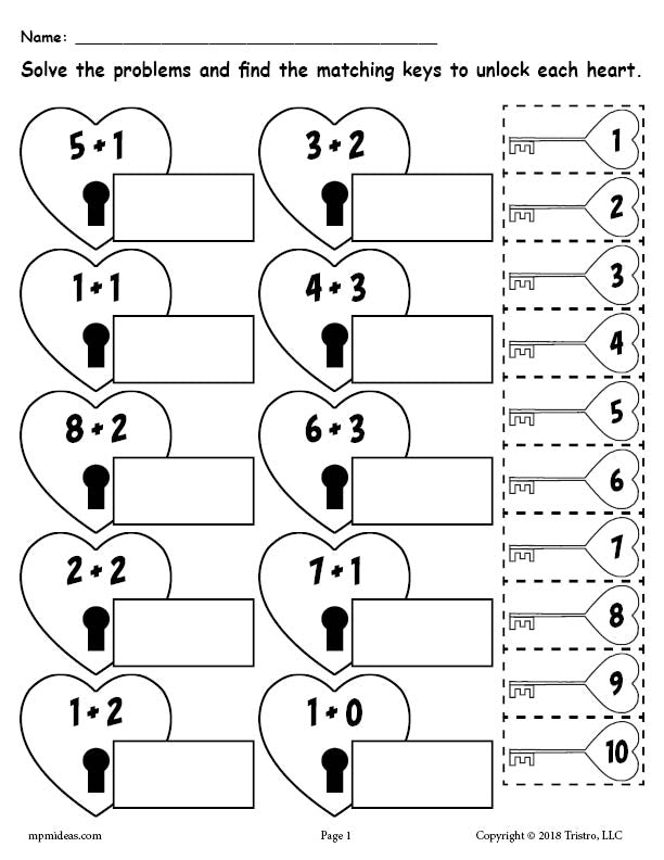 Valentine's Day Cut and Paste Addition Worksheet - Single Digit Sums