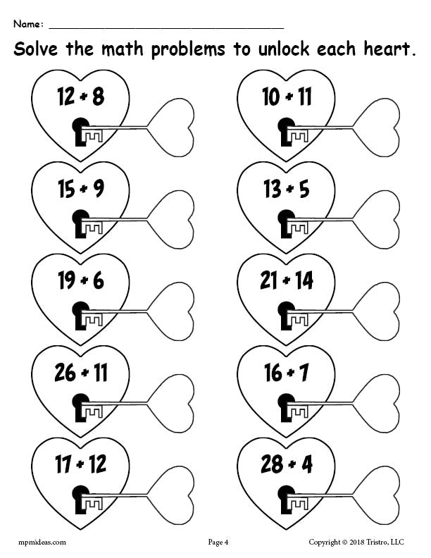 Valentine's Day Addition Worksheet - Double Digit Sums