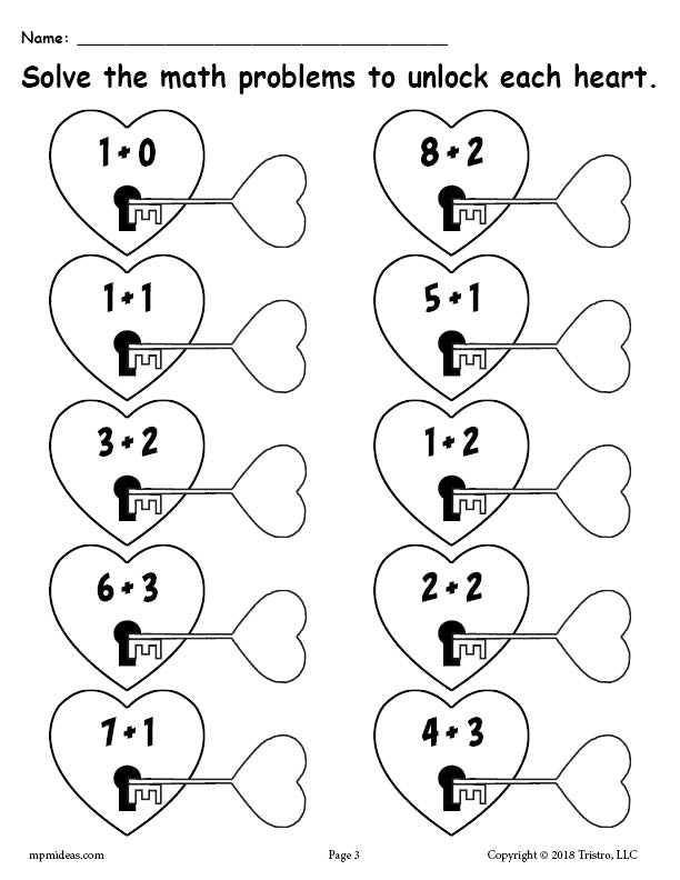 Valentine's Day Addition Worksheet - Single Digit Sums