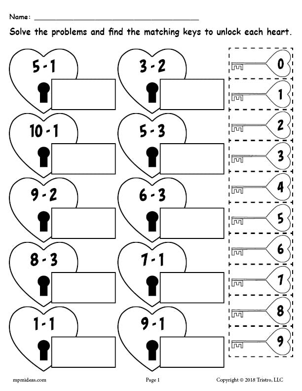 Valentine's Day Subtraction Worksheet - Cut and Paste - Single Digit Sum