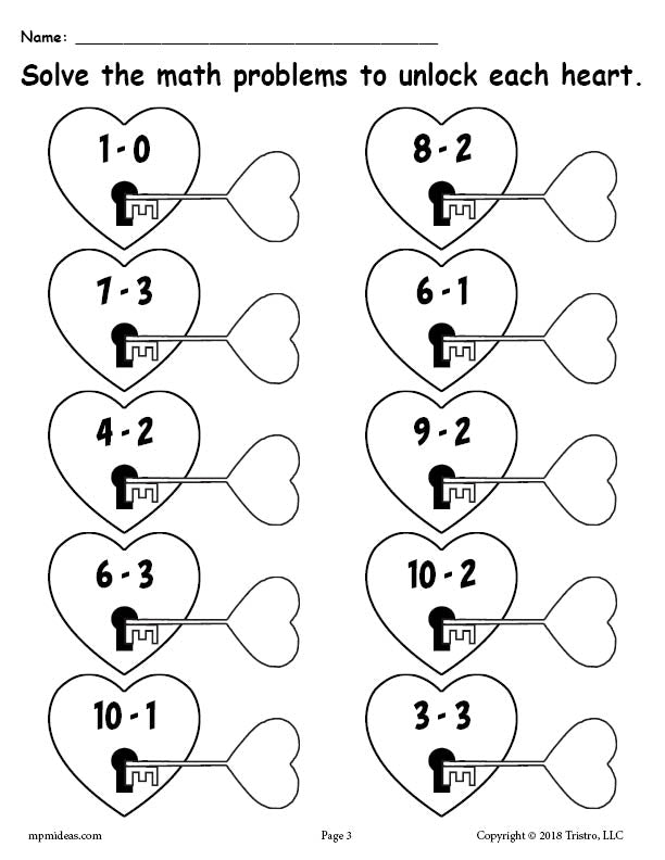 Valentine's Day Subtraction Worksheet - Single Digit Sum