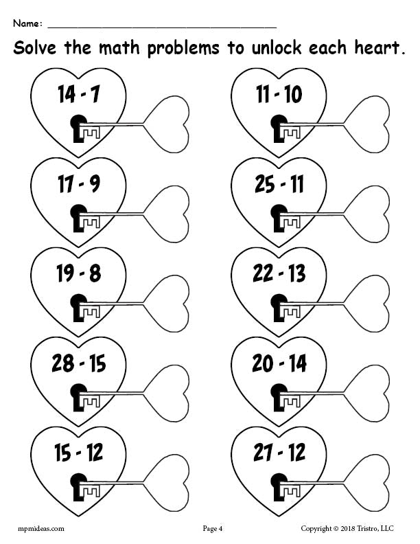 Valentine's Day Subtraction Worksheet - Double Digit Sum