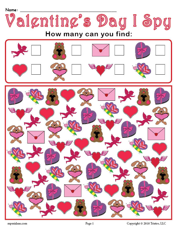 Valentine's Day I Spy Printable Valentine's Day Counting Worksheet