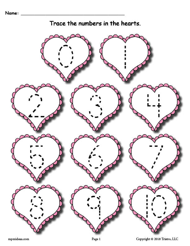 FREE Printable Valentine's Day Number Tracing Worksheets 0-20!