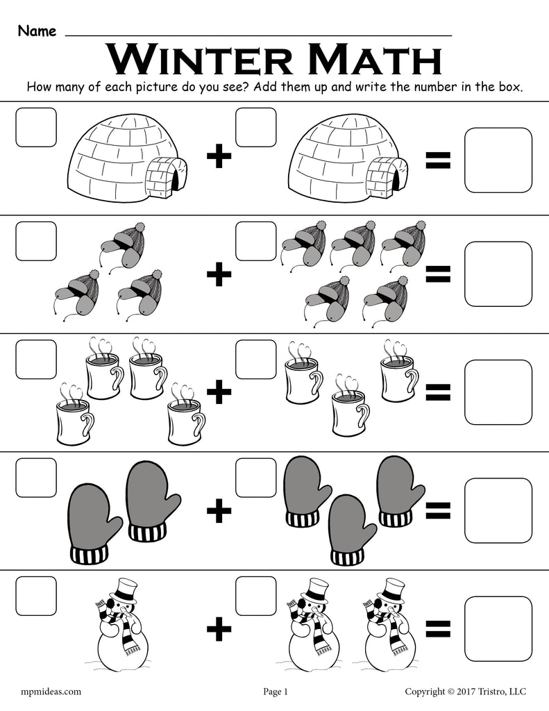 free winter themed addition with pictures math worksheet supplyme