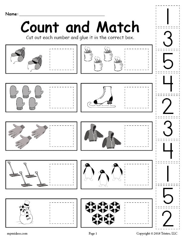 printable winter counting and matching cut and paste worksheet supplyme