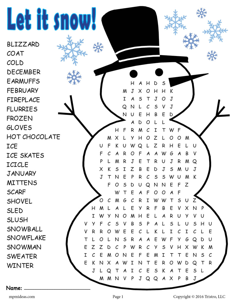 Winter Word Search Free Printable Middle School
