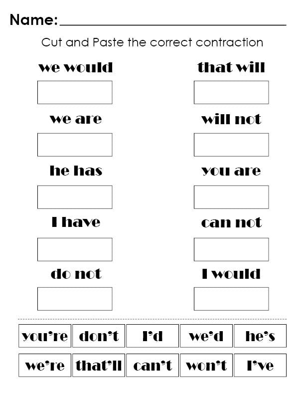 Matching Contractions Worksheet - Cut and Paste Version