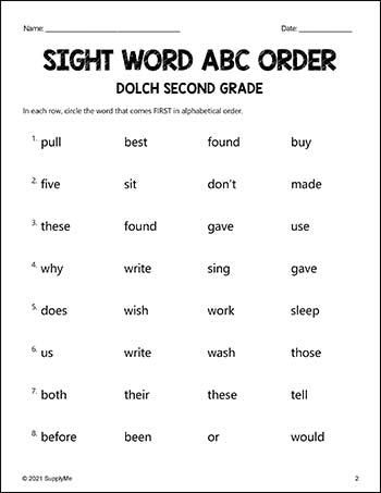 second grade sight words worksheets abc order all 46 dolch 2nd grad supplyme