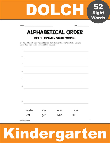 Kindergarten Sight Words Worksheets Alphabetical Order All 52 Dolch