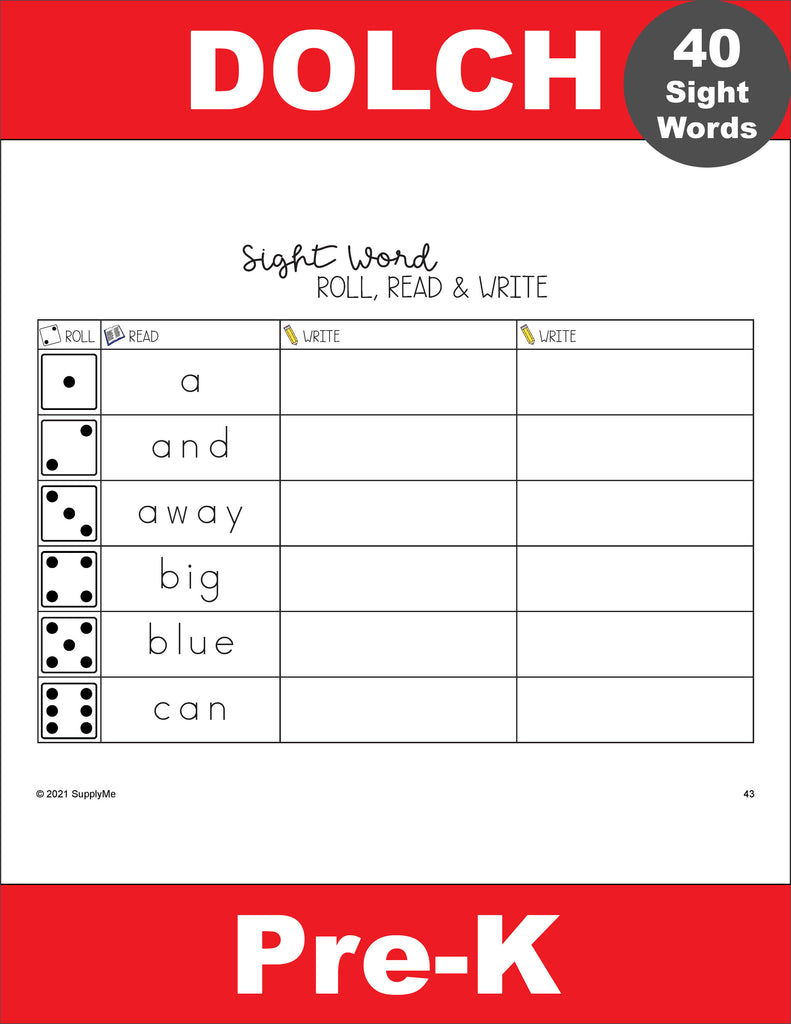 dolch sight words worksheets pre primer