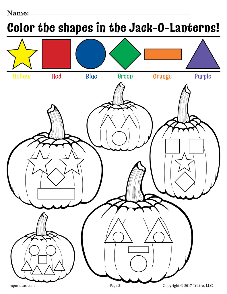 Jack-O-Lantern Shapes Coloring Page With Color Coded Key