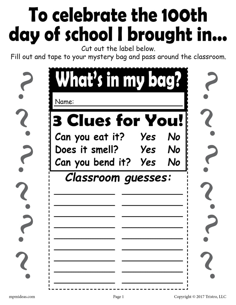 100th Day of School Mystery Bags - Printable Activity!