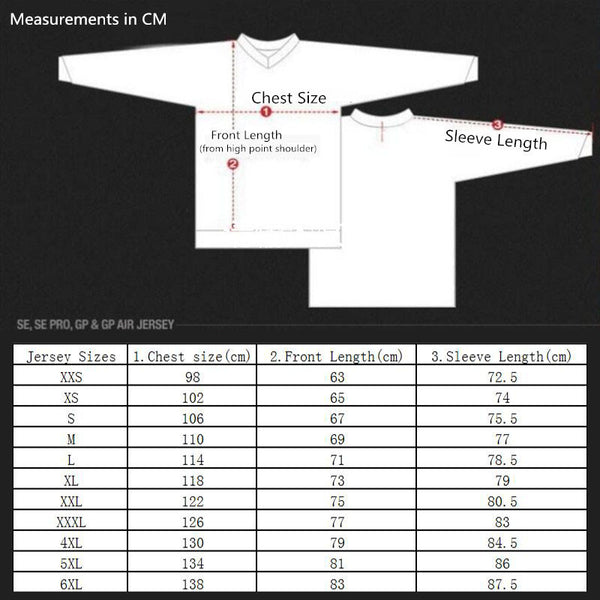 motocross jersey size sheet