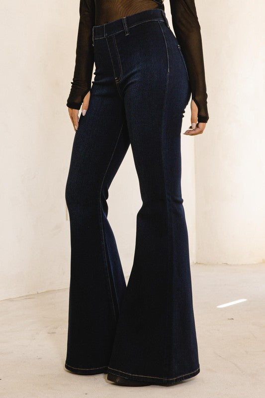 Take On Me Dark Denim High Elastic Waisted Trouser Style Flare Jean Leggings (DS) FG VM