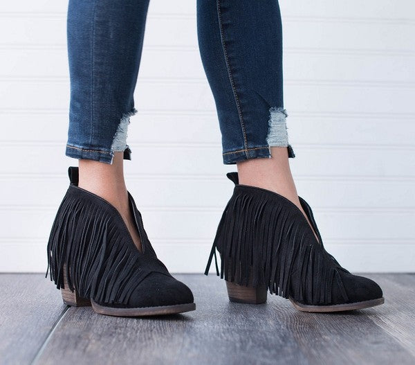 Black Suede Fringe V Cut Booties 