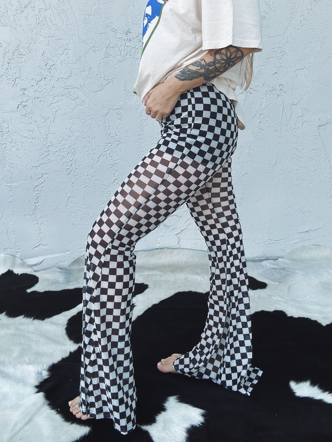 Queen's Gambit Checkered Print Flare Bell Bottoms - Lil Bee's Bohemian