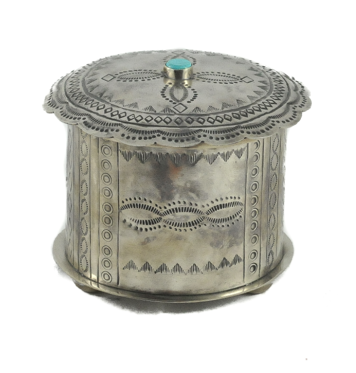 WJA-040-SM SMALL GLASS BOTTOM CANISTER W- SILVER & TURQ – J. Alexander  Rustic Silver