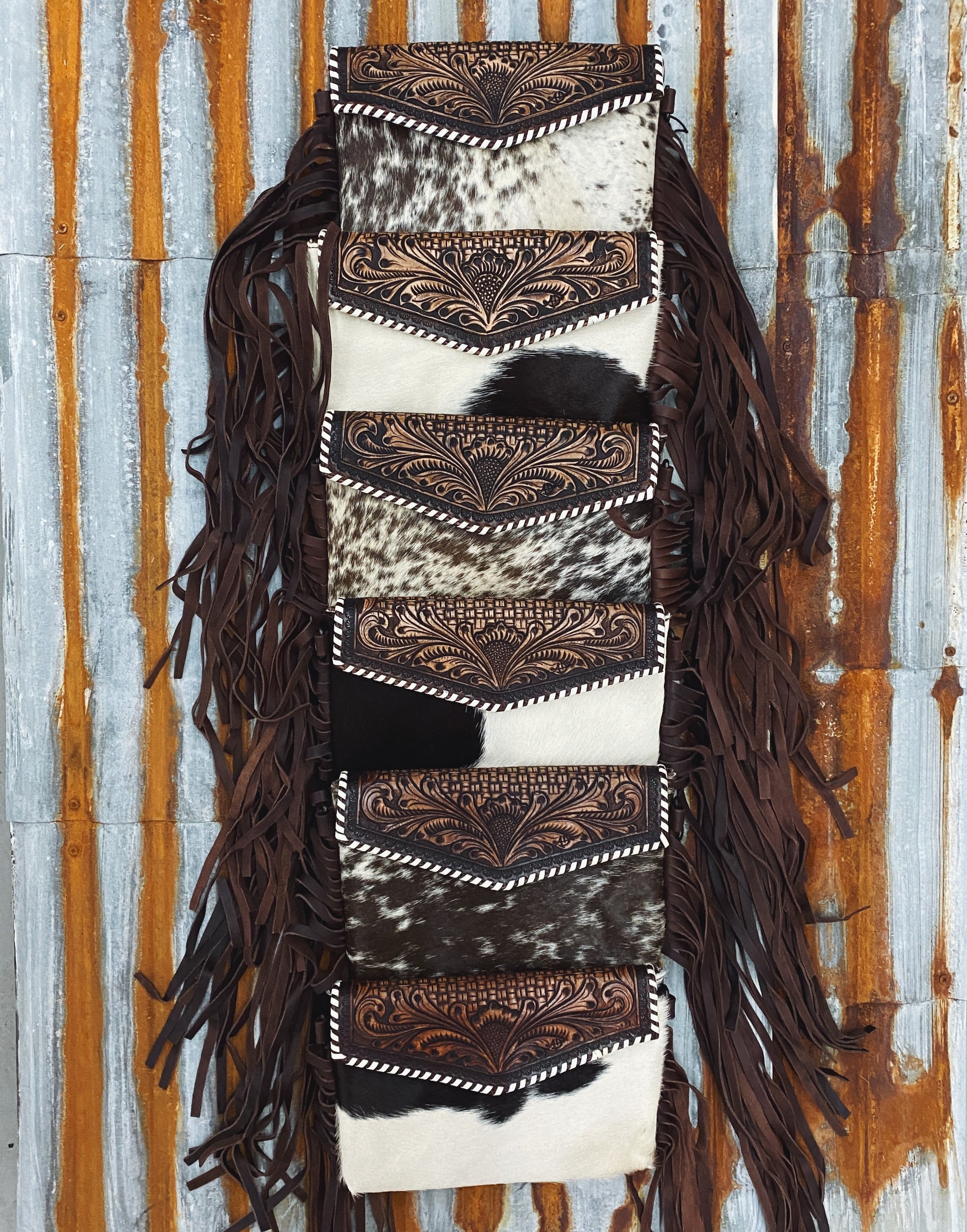 Round About Tooled Leather Hair on Hide Fringe Purse #4