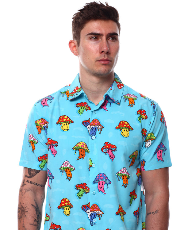 Day Tripper Mushroom Smiley Face Button Up Short Sleeve Shirt - Lil Bee ...