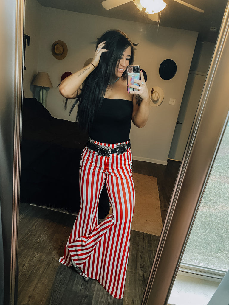 red and white striped bell bottoms