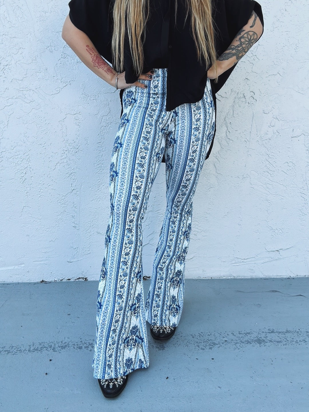 Boho Flare Pants - Peach and Navy Blue Pants - Floral Print Pants - $36.00  - Lulus