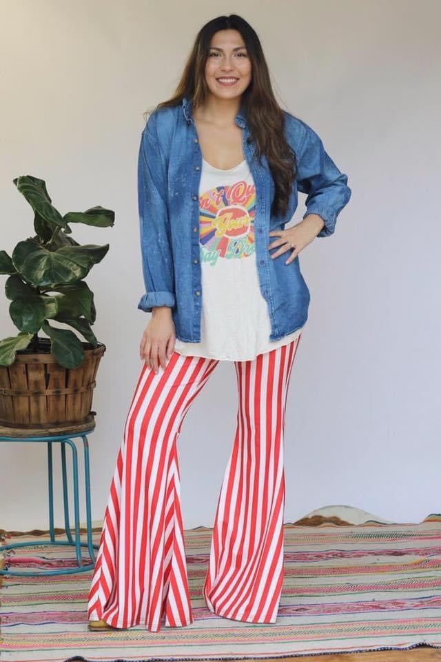 red and white striped bell bottoms