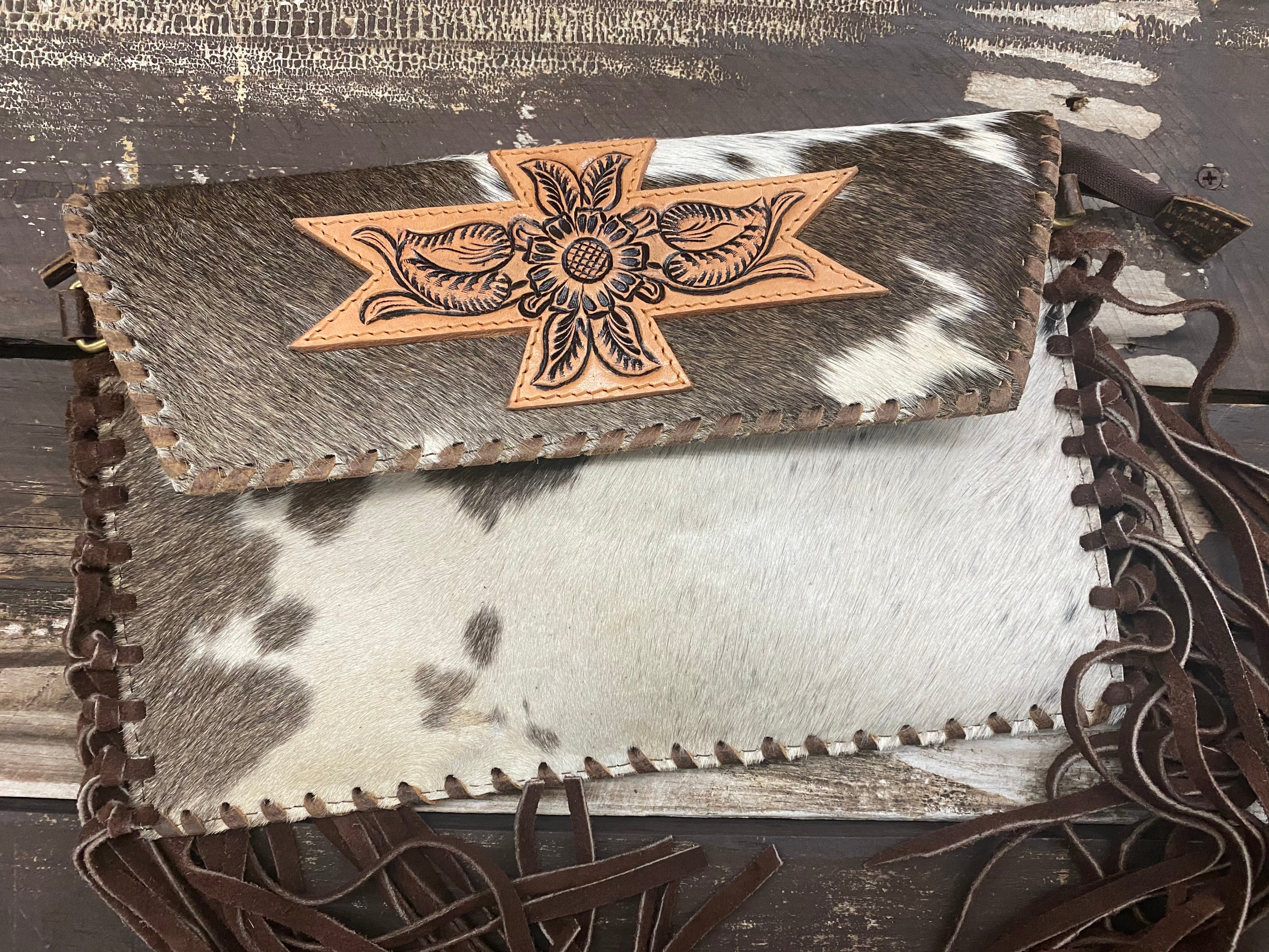 Round About Tooled Leather Hair on Hide Fringe Purse #4