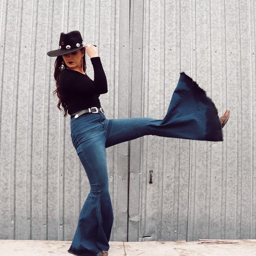 black and white striped bell bottom jeans