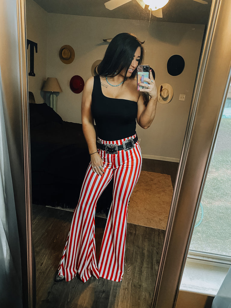 red and white striped bell bottoms