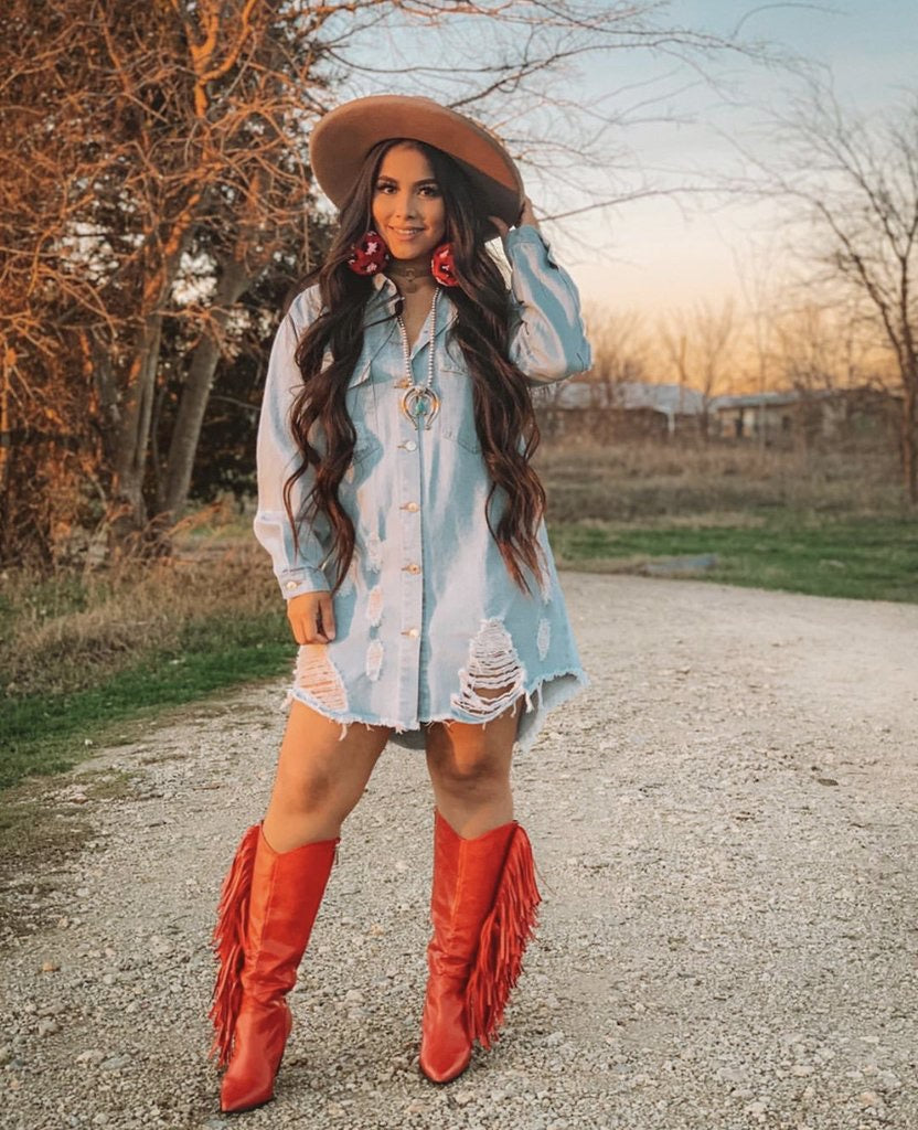 red dress with cowgirl boots