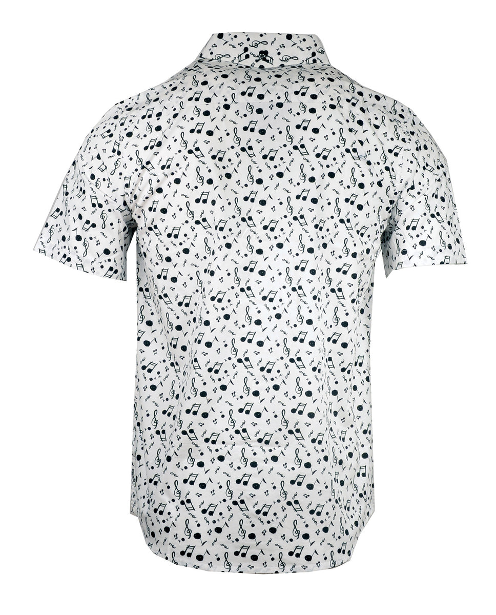Mens SS Music Notes in White Fashion Shirt | Rock Roll n Soul