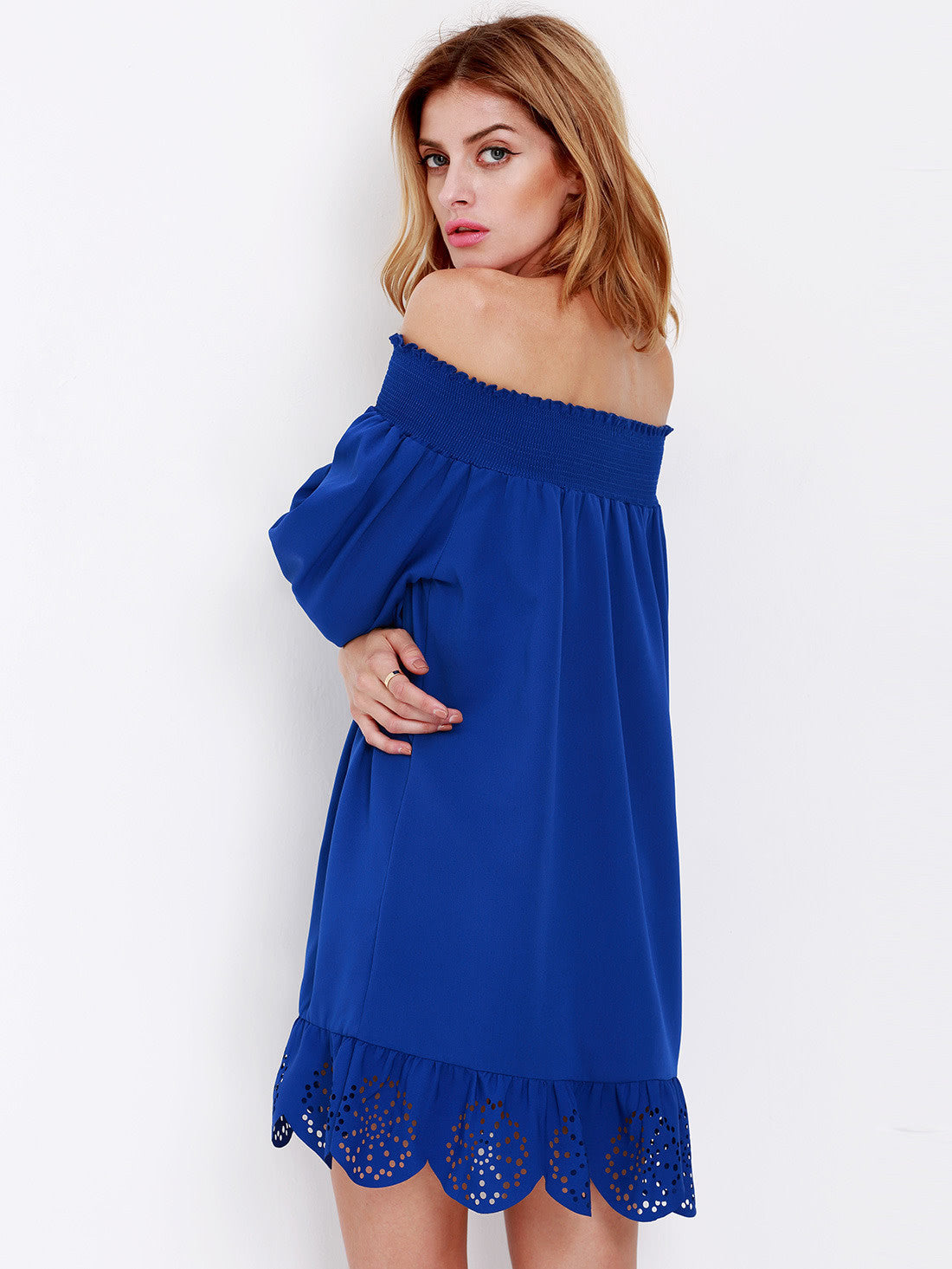 cobalt blue cold shoulder dress