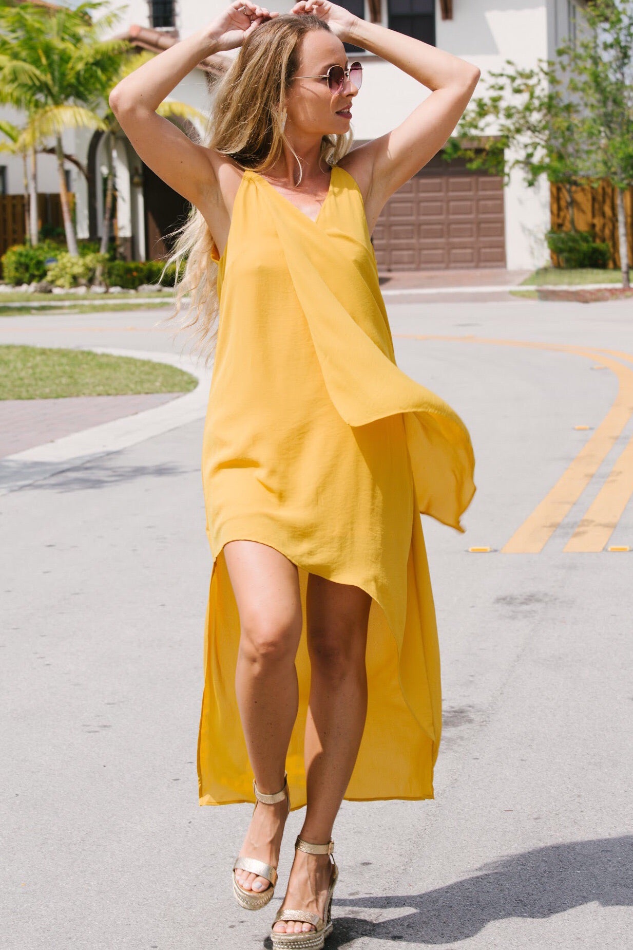 yellow asymmetrical dress