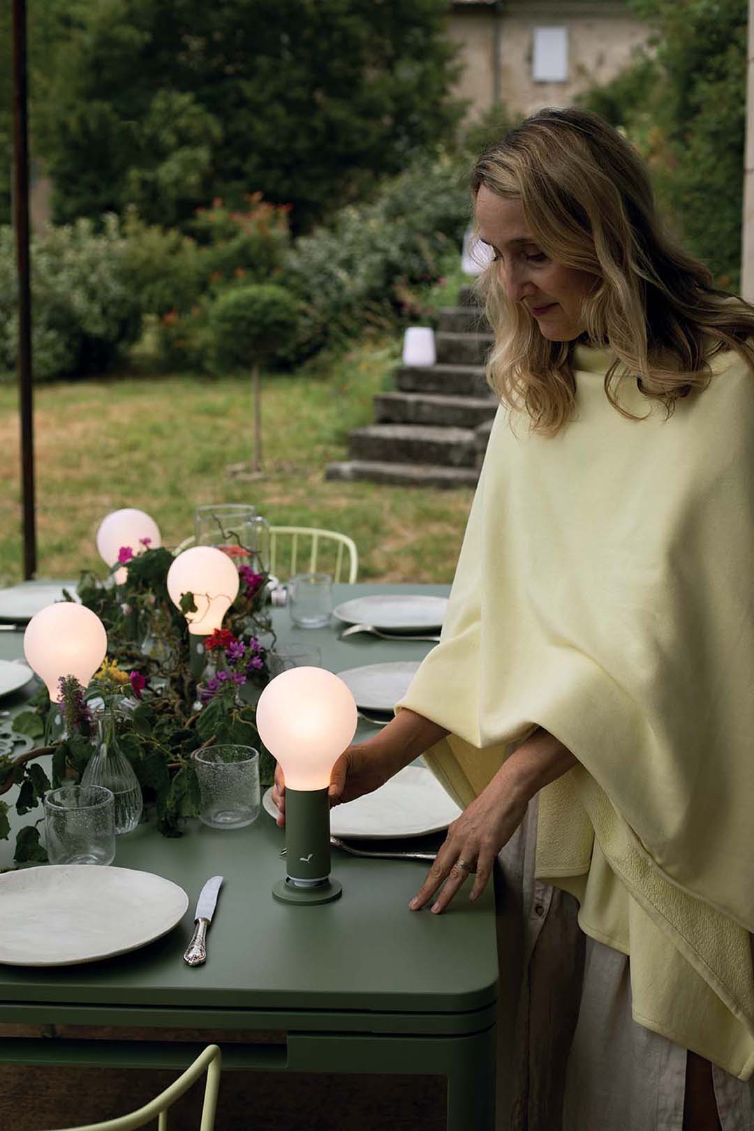 Fermob Aplo Lamp on magnetic base on outdoor dining table