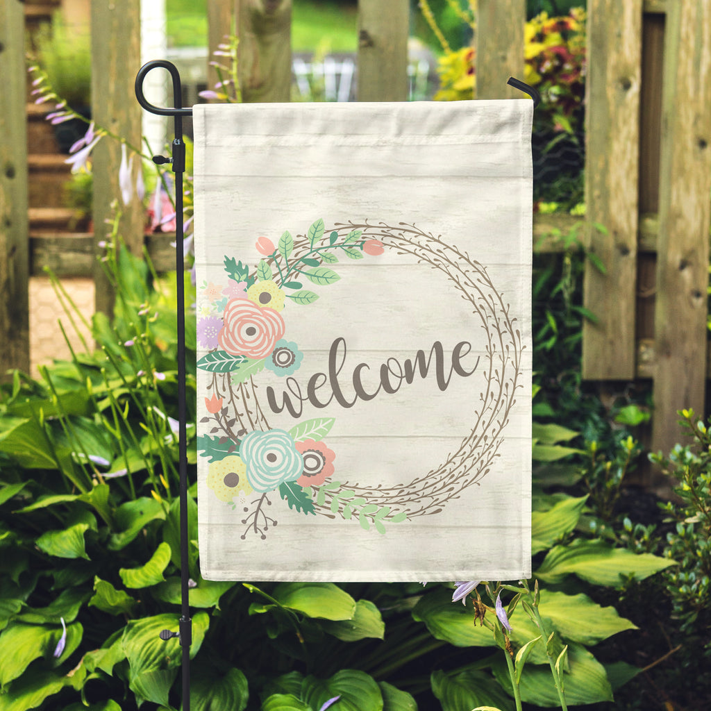 Welcome Pastel Wreath Garden Flag – Second East LLC