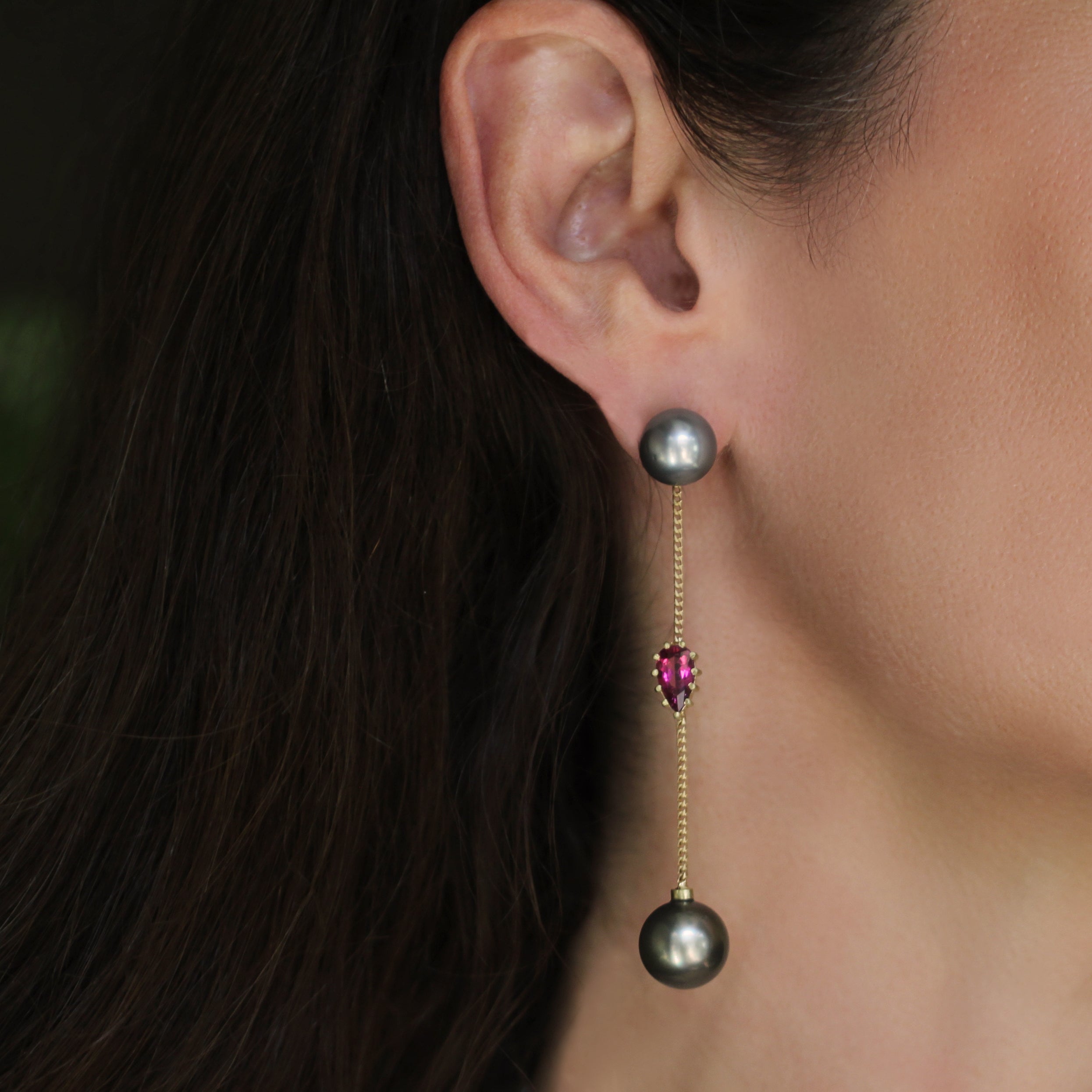 Pearl + Pink Tourmaline Chain Drop Earrings