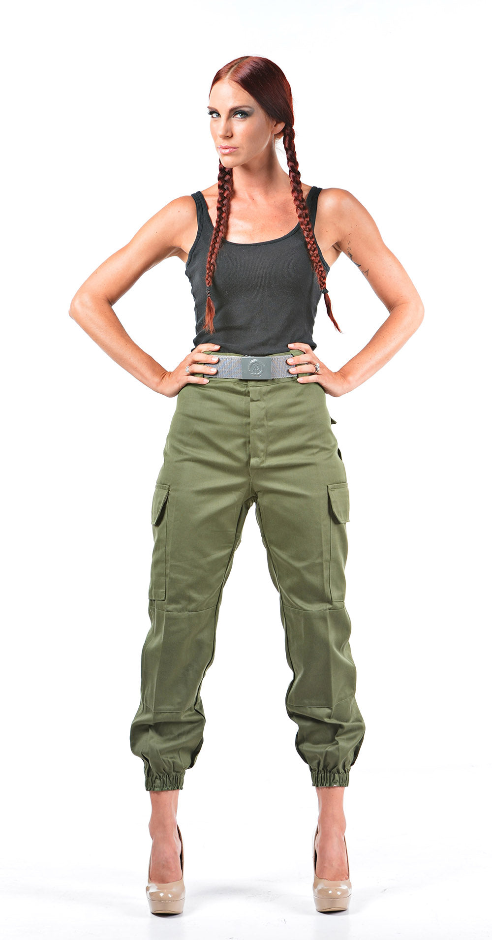 Ladies High Waist Olive Green Military Style Cargos – Top Rank