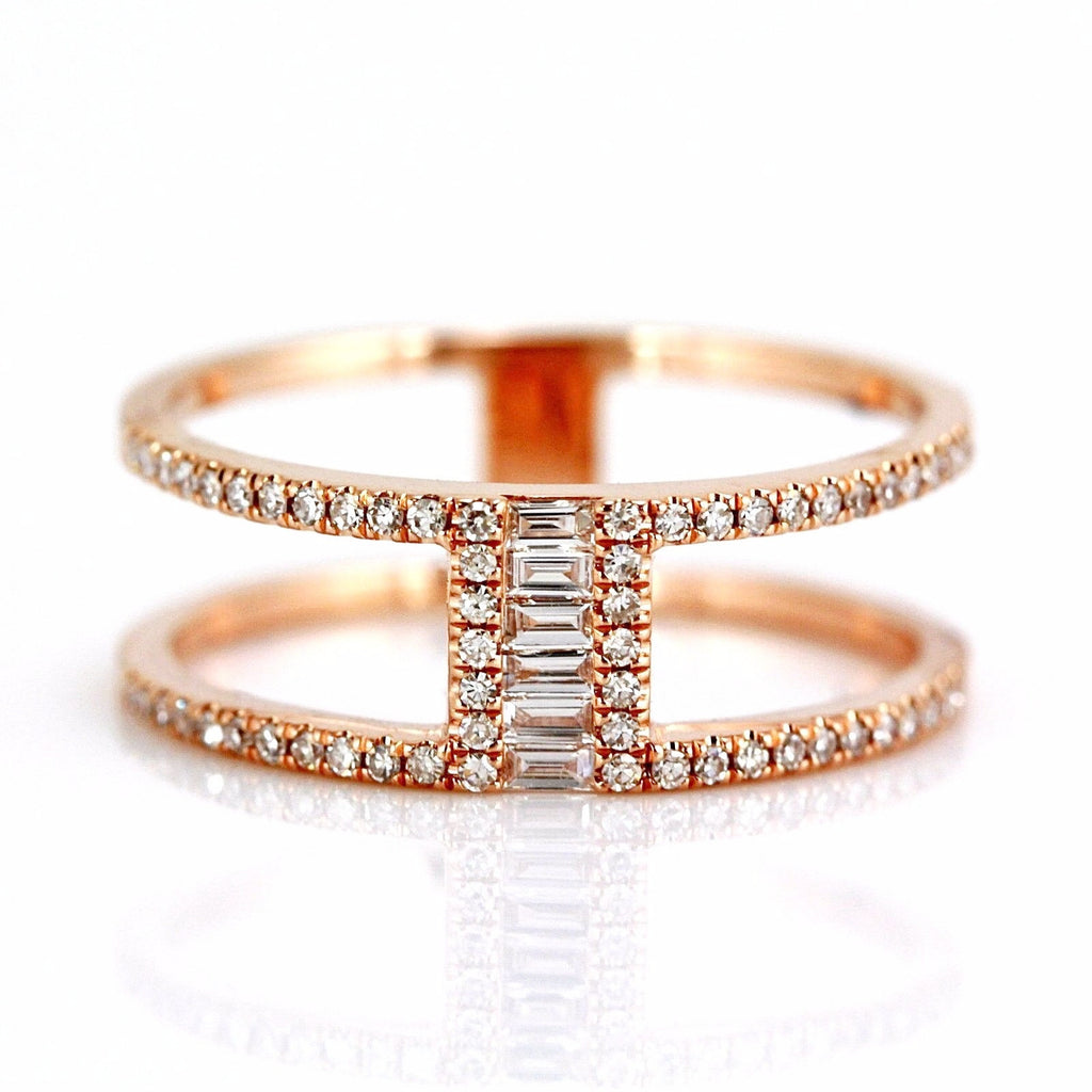 0.29ct Baguette & Round Diamonds in 14K Gold Bridge Double Band Ring ...