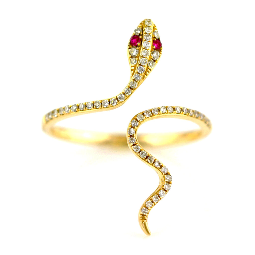 0.19ct Pavé Diamonds & Ruby in 14K Gold Snake of Slytherin Motif Ring ...