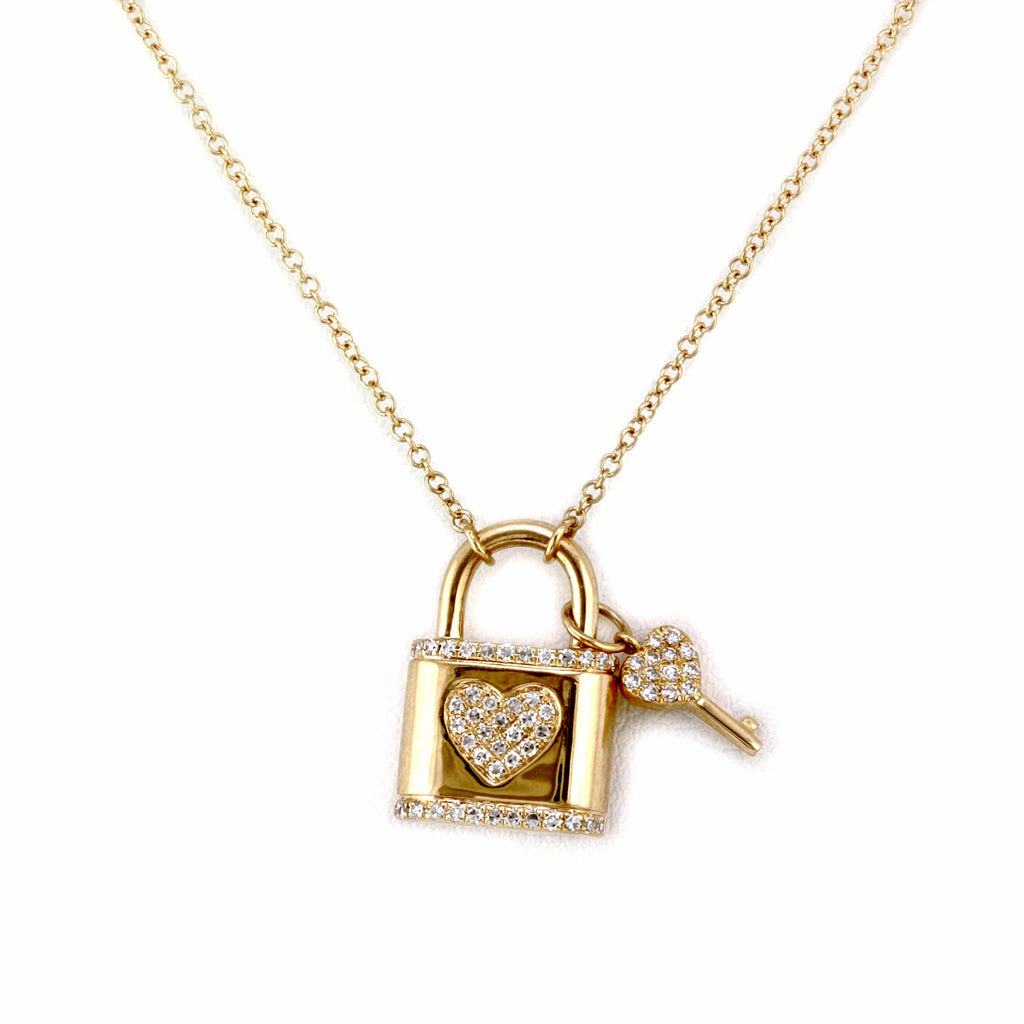 0.18ct Pavé Diamonds in 14K Yellow Gold Padlock & Key Pendant Necklace ...