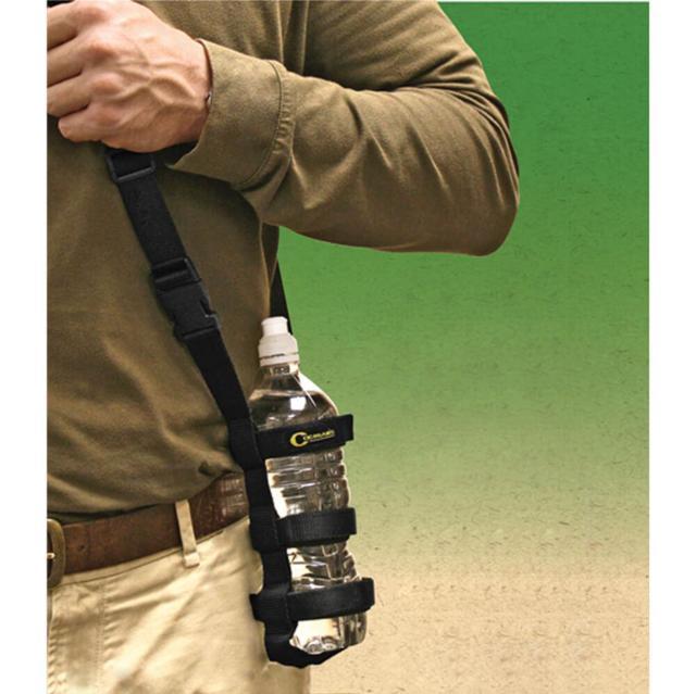 man wearing olive sweater khaki pants slinging black water bottle holder