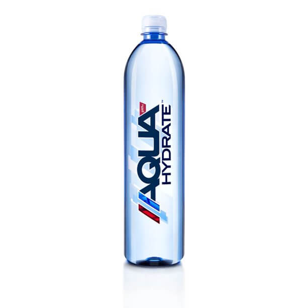 AQUAhydrate Electrolyte Enhanced Water blue plastic bottle white cap white background