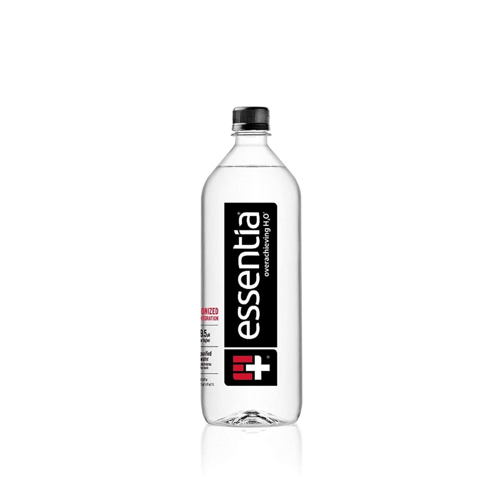 Essentia Ionized Alkaline Water clear plastic bottle black cap