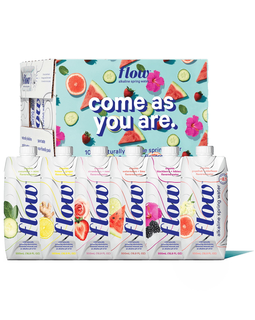 Flow Alkaline Spring Water boxes of different flavored water