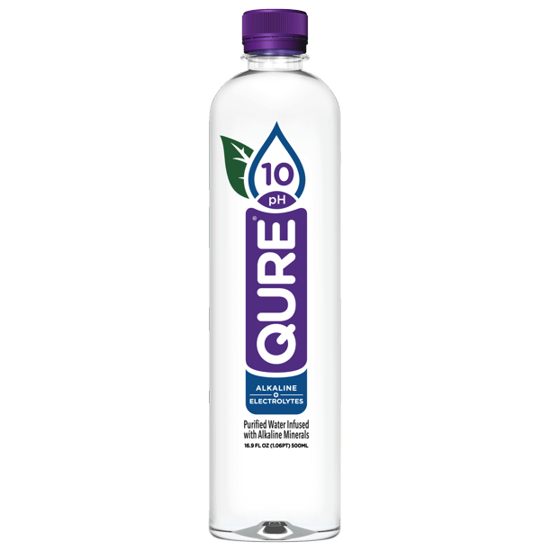 Qure Alkaline Water clear plastic bottle blue cap white background