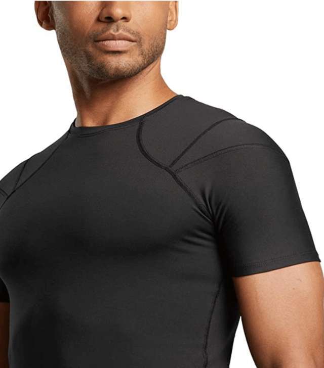 upper half torso body of a man wearing black fitted shirt