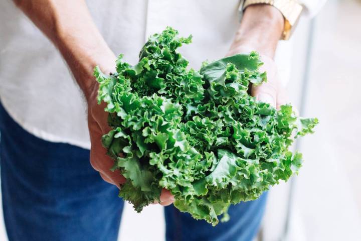 person wearing white top blue jeans holding leafy greens