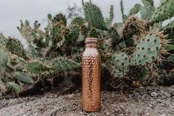 Copper H2O hammered copper water bottle placed on stony ground cactus background