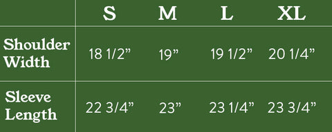 Sizing chart for unisex wool sweaters